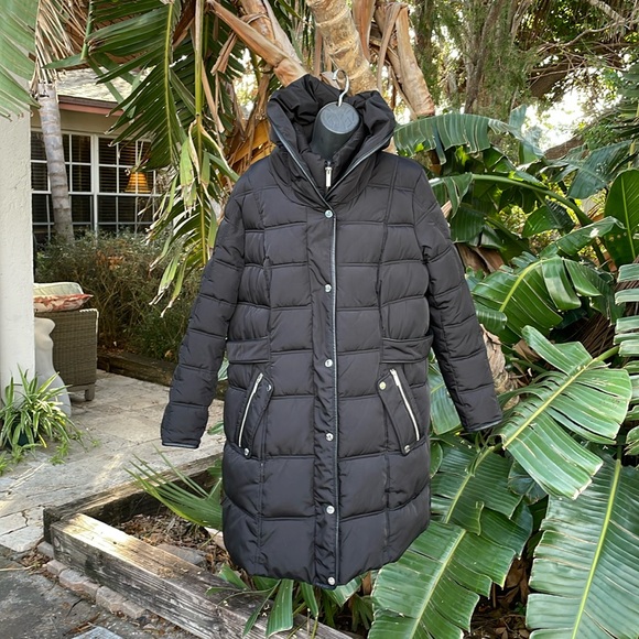 DKNY  leather trim, three-quarter length puffer coat with hood - Picture 1 of 14